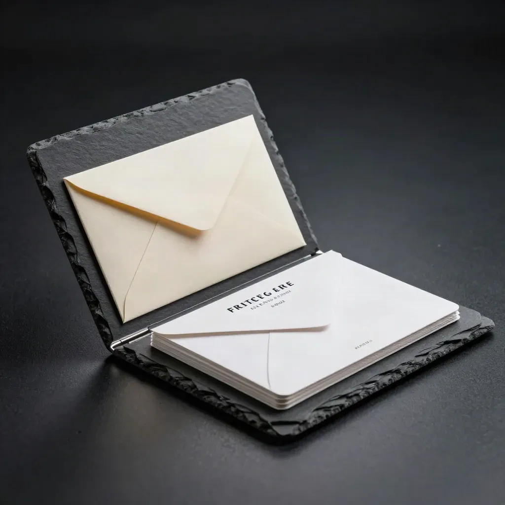 Slate portfolio strategy kit opening on black surface with divider cards and folded envelope set