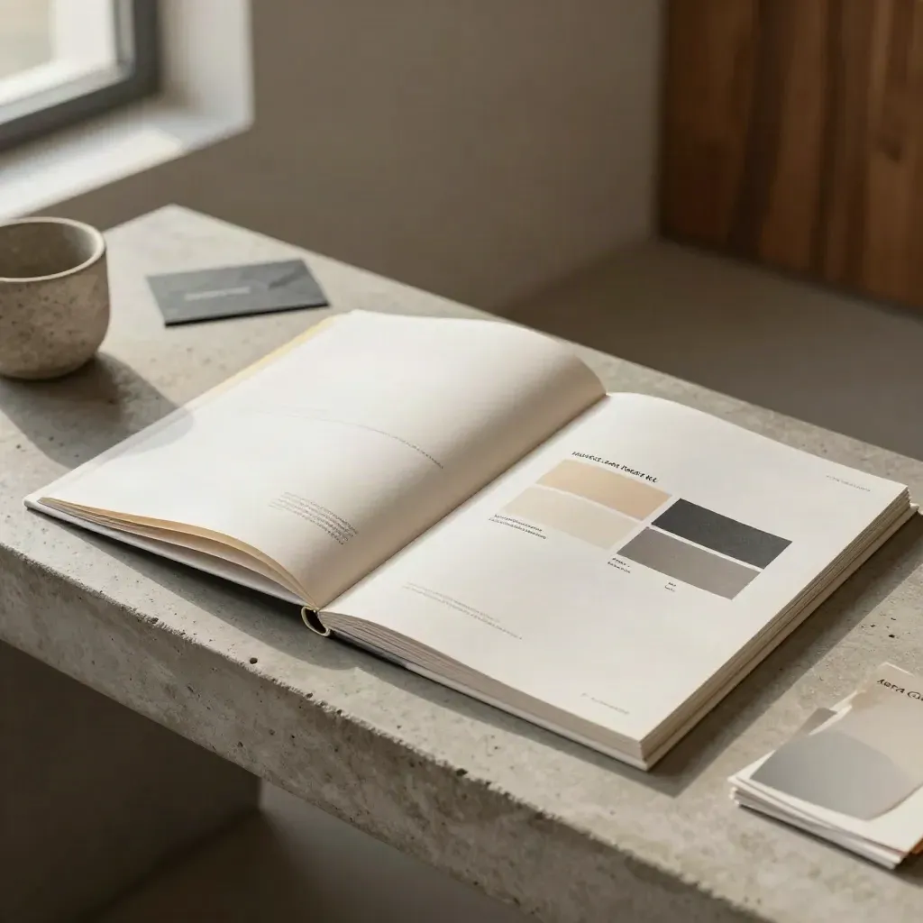 Ivory market scan report folder with swatches and appendix on a concrete bench beside a stone cup