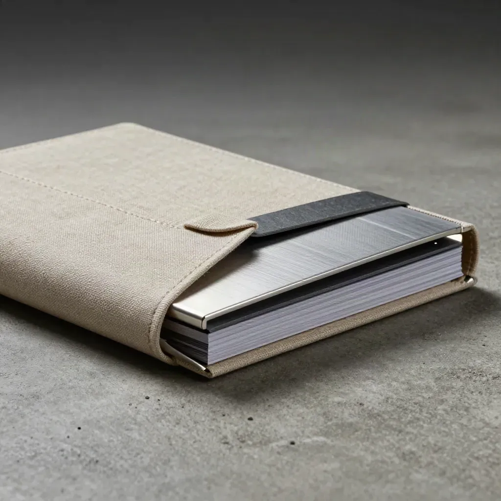 Linen audit folder with metal-edged portfolio and tabbed sleeves on concrete.